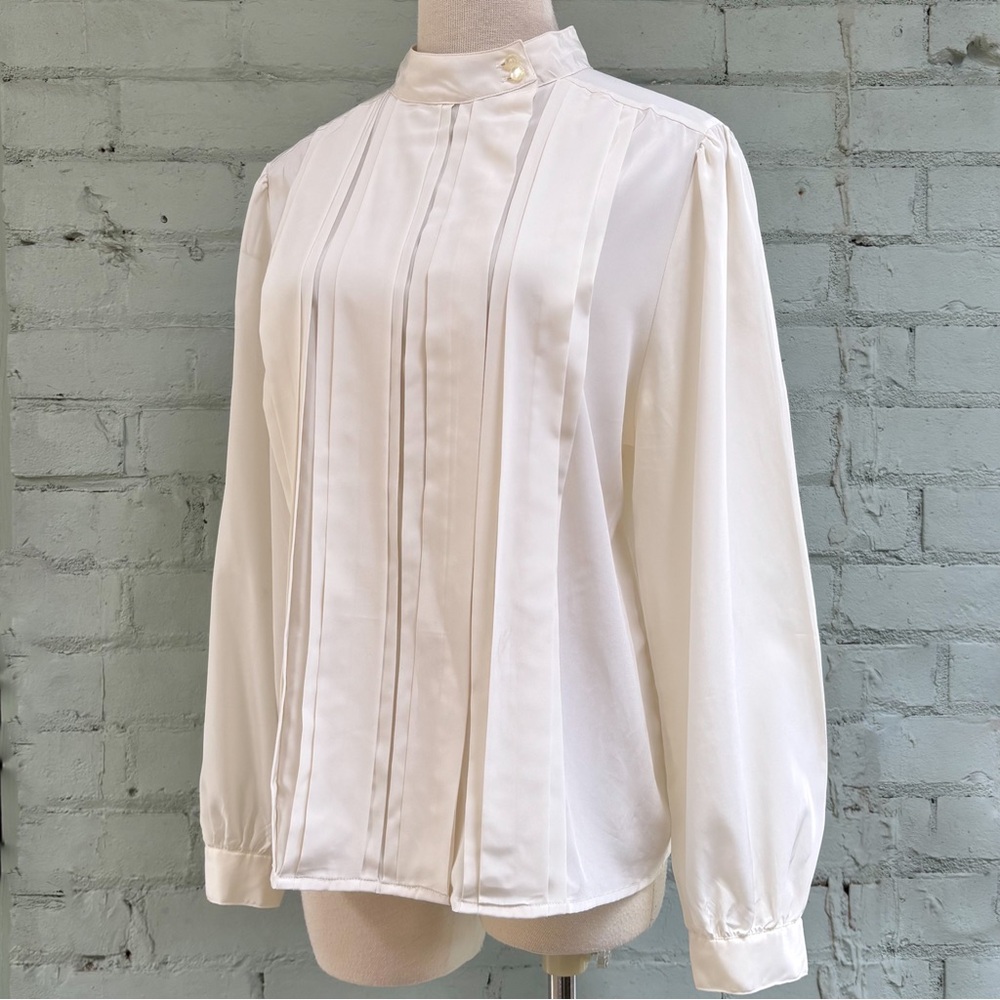 Vintage Cream High Collar Long Sleeve Blouse with Pintuck Detail